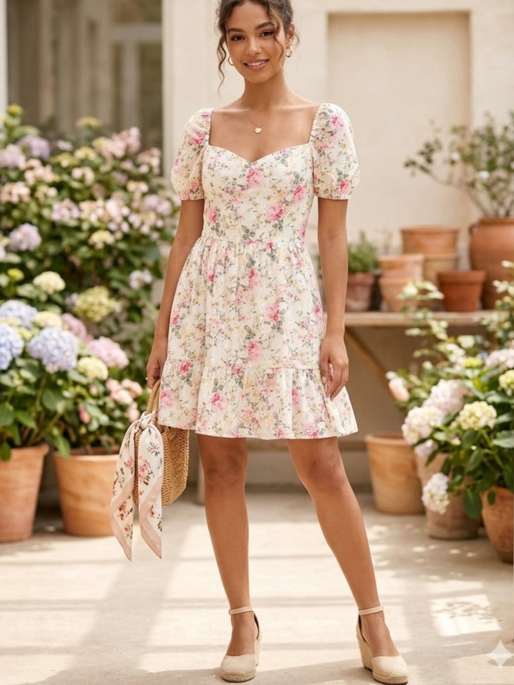 City Studio Cottagecore Eyelet Floral Sweetheart Mini Dress in White & Pink